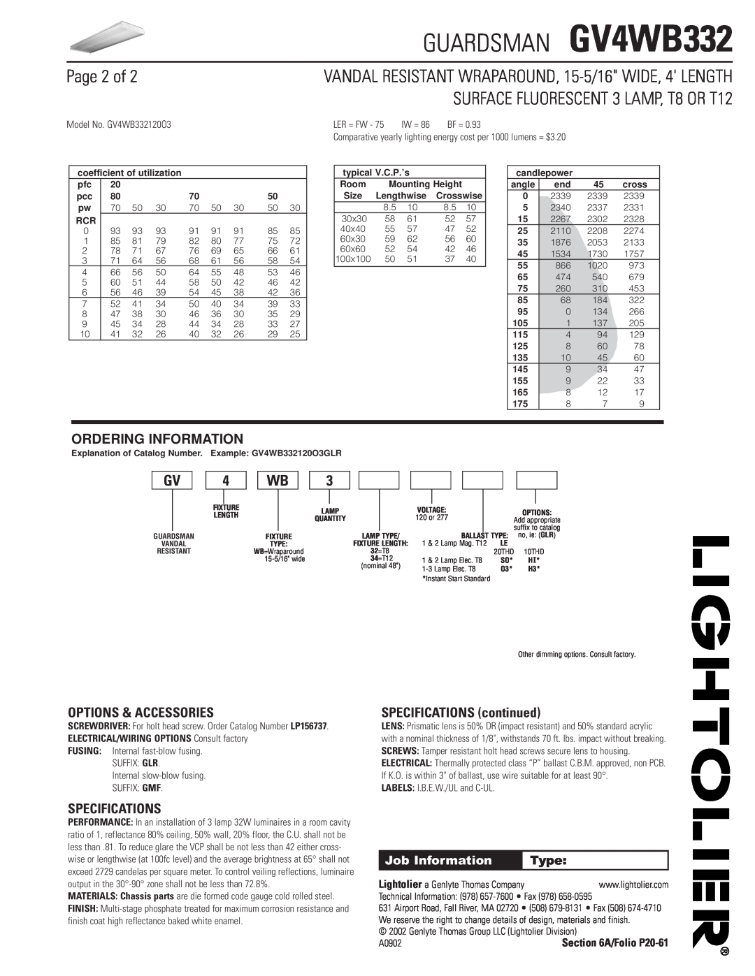 Lightolier GV4WB332 SURFACE FLUORESCENT 3 LAMP, T8 OR T12, Ordering Information, Options & Accessories, Specifications 