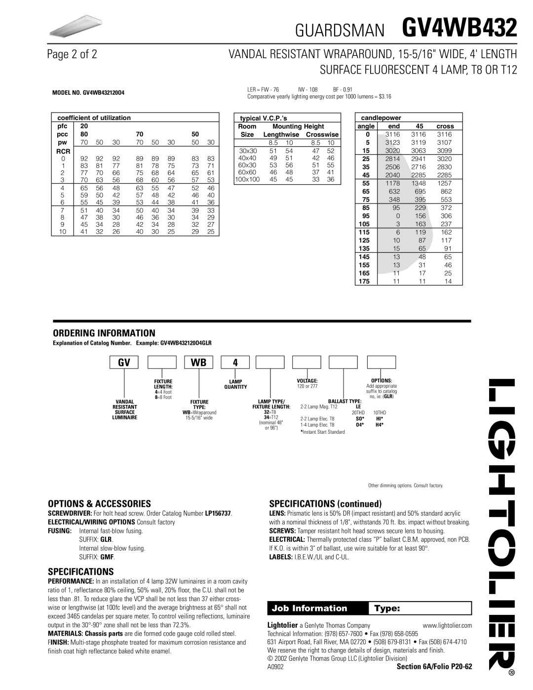 Lightolier GV4WB432 dimensions Ordering Information, Options & Accessories, Specifications, Job Information 