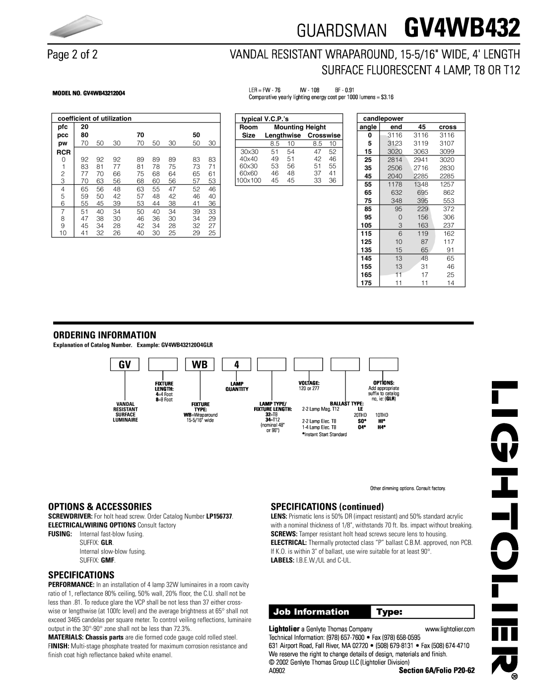 Lightolier GV4WB432 Page 2 of, SURFACE FLUORESCENT 4 LAMP, T8 OR T12, Ordering Information, Options & Accessories, Type 