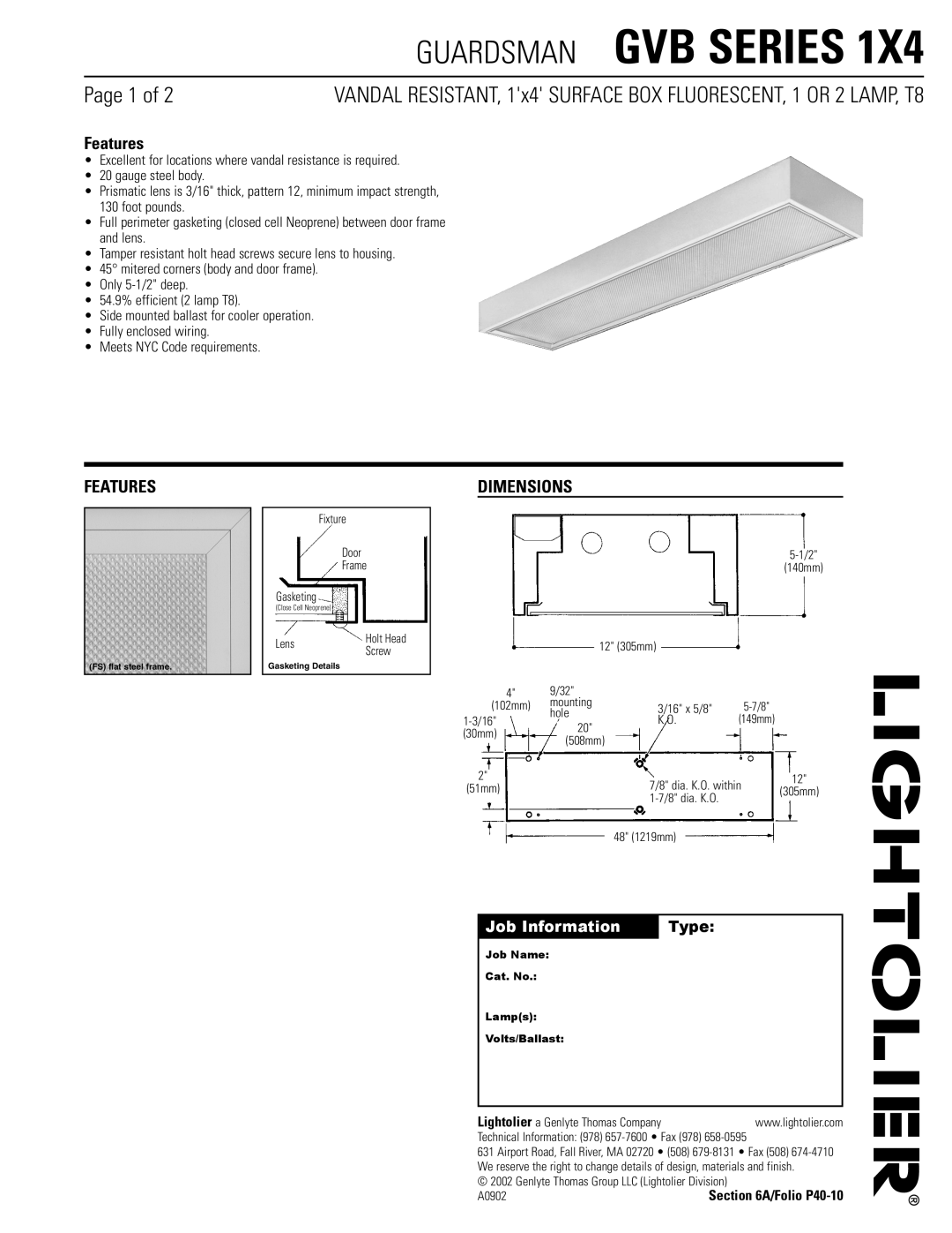 Lightolier GVB SERIES 1X4 dimensions Features, Dimensions, Job Information Type 