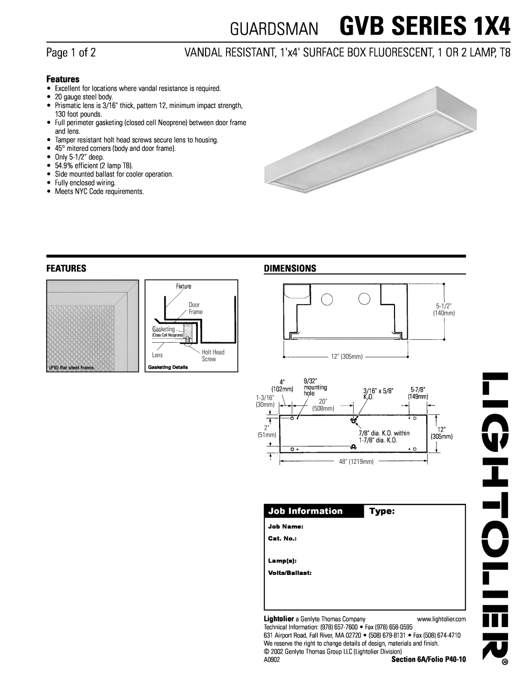 Lightolier GVB SERIES 1X4 dimensions Guardsman Gvb Series, Page 1 of, Features, Dimensions, Job Information, Type 