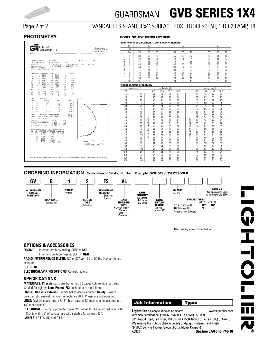 Lightolier GVB SERIES 1X4 Page 2 of, Options & Accessories, Specifications, Guardsman Gvb Series, Gv B, Photometry, Type 