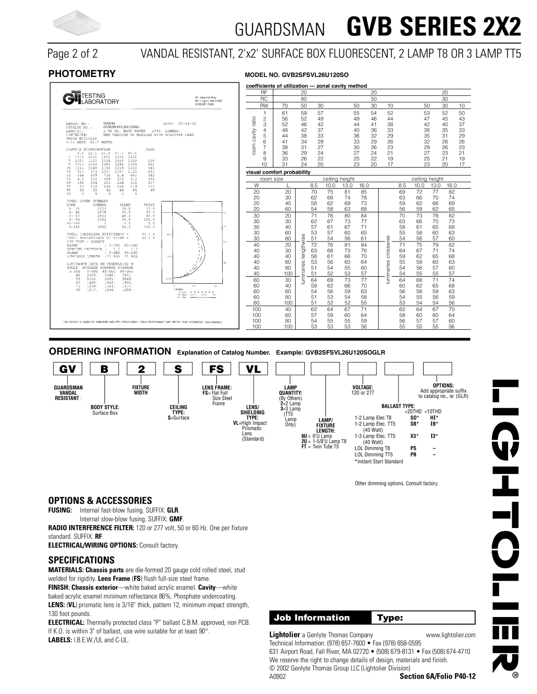 Lightolier GVB Series 2X2 dimensions Options & Accessories, Specifications, Job Information 