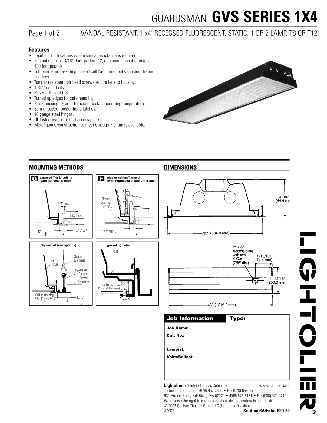 Lightolier GVS SERIES 1X4 dimensions Features, Mounting Methods, Dimensions, Job Name Cat. No Lamps Volts/Ballast 