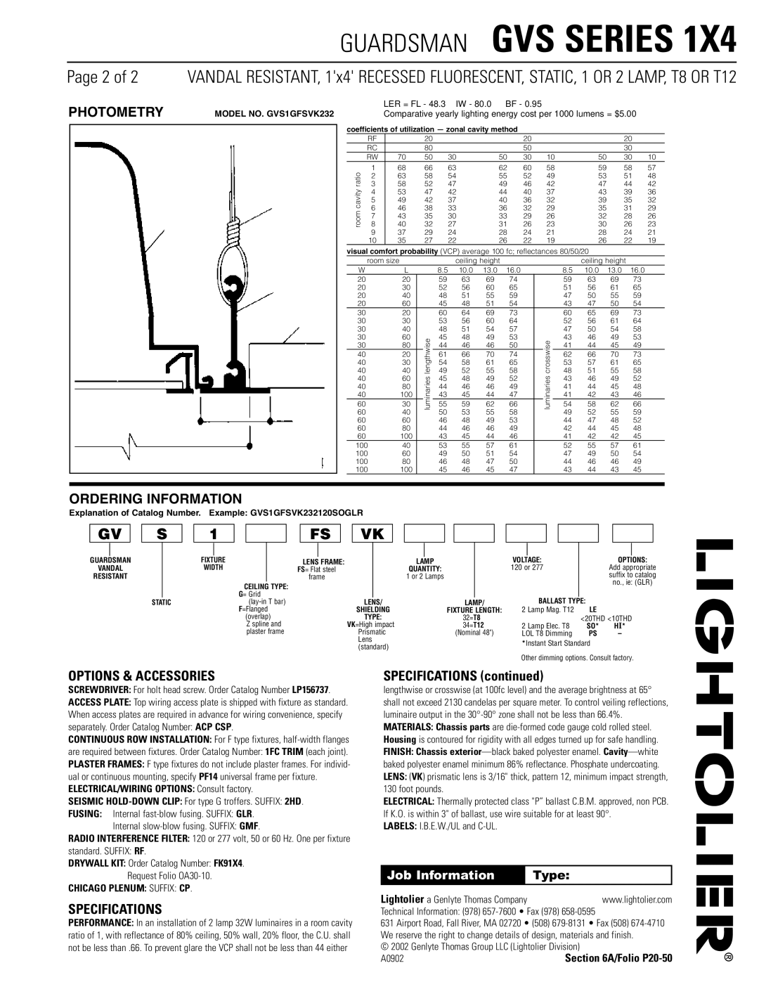 Lightolier GVS SERIES 1X4 dimensions Photometry, Ordering Information, Options & Accessories, Specifications 