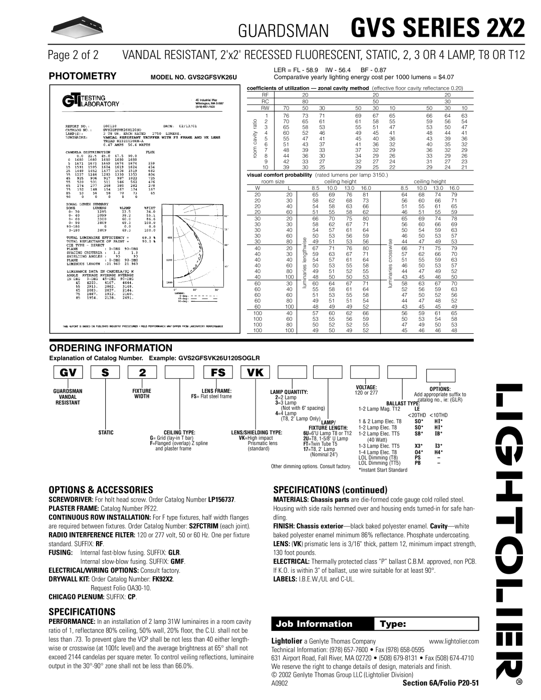 Lightolier GVS SERIES 2X2 dimensions Photometry, Ordering Information, Options & Accessories, Specifications 