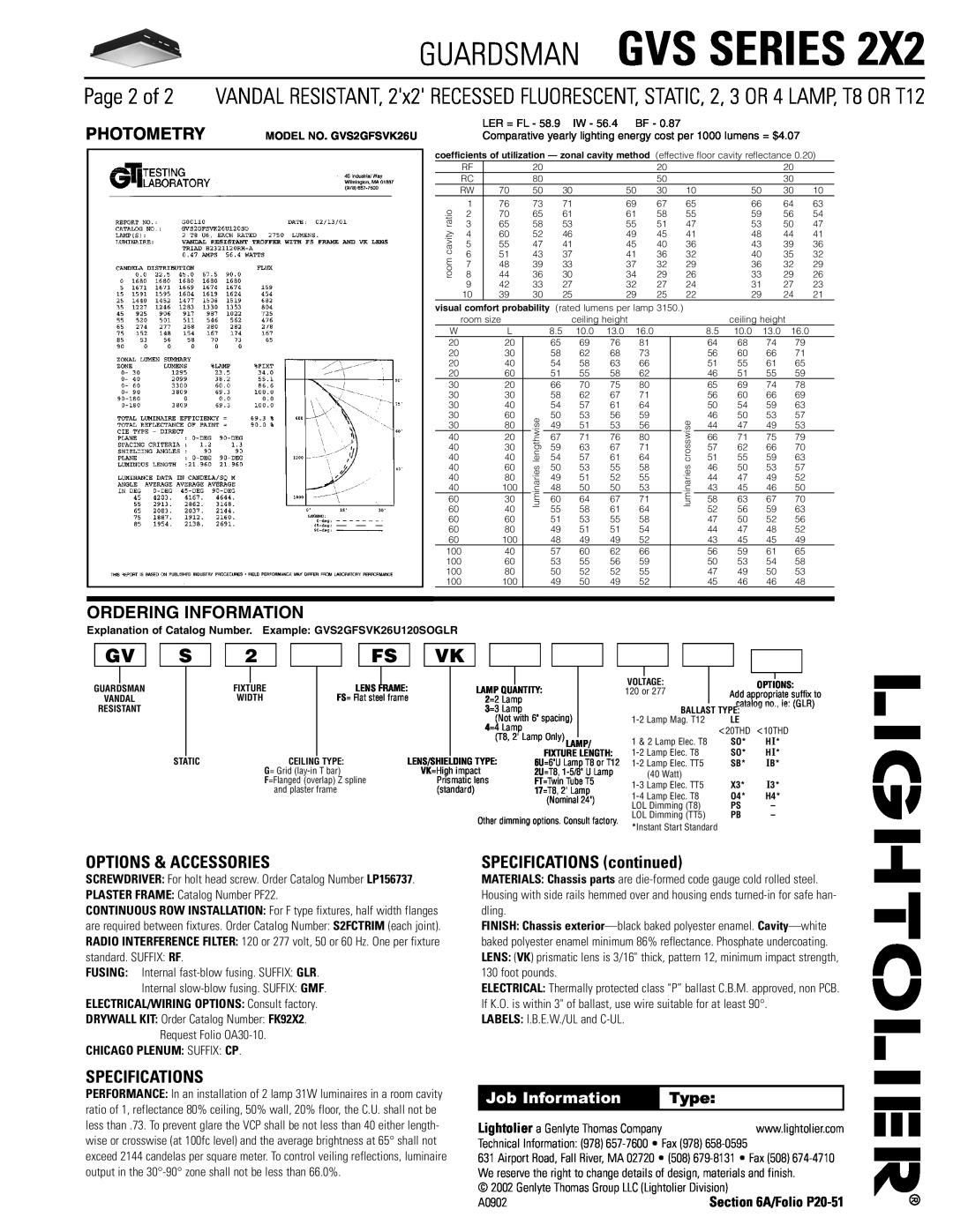 Lightolier GVS SERIES 2X2 Photometry, Ordering Information, Options & Accessories, Specifications, Guardsman Gvs Series 