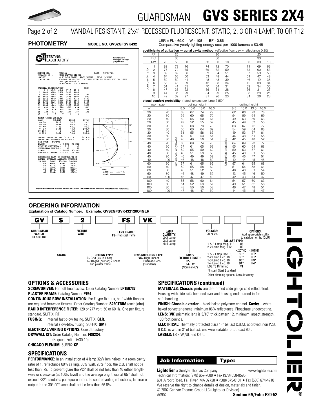 Lightolier GVS Series 2X4 dimensions Photometry, Ordering Information, Options & Accessories, Specifications 