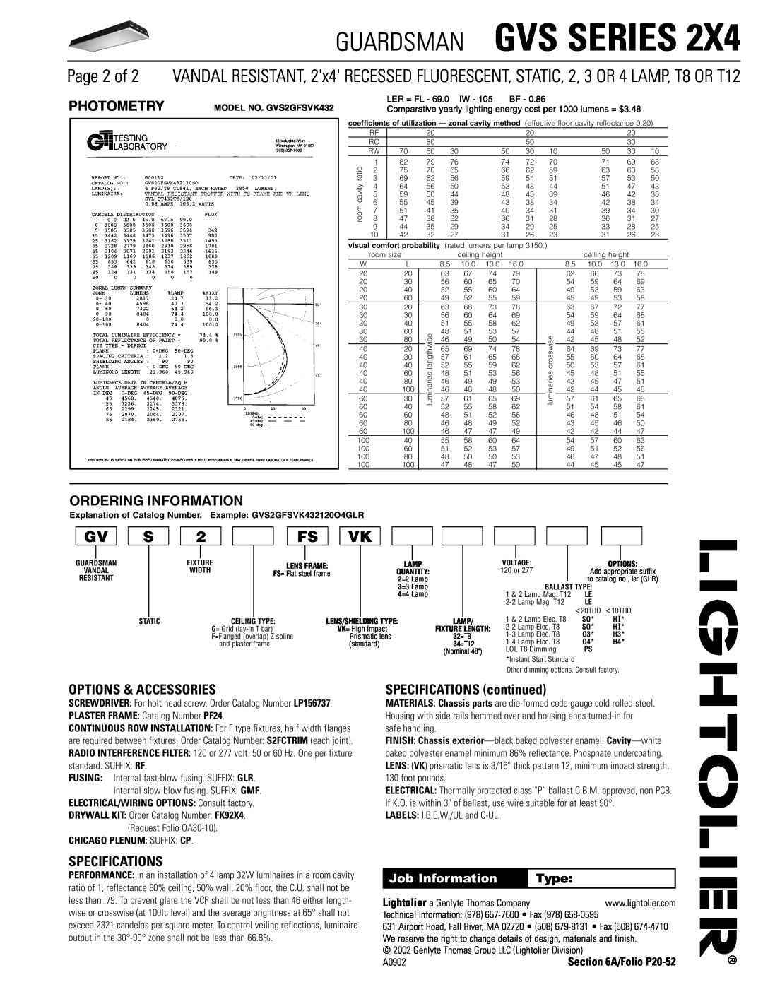 Lightolier GVS Series 2X4 Photometry, Ordering Information, Options & Accessories, Specifications, Guardsman Gvs Series 
