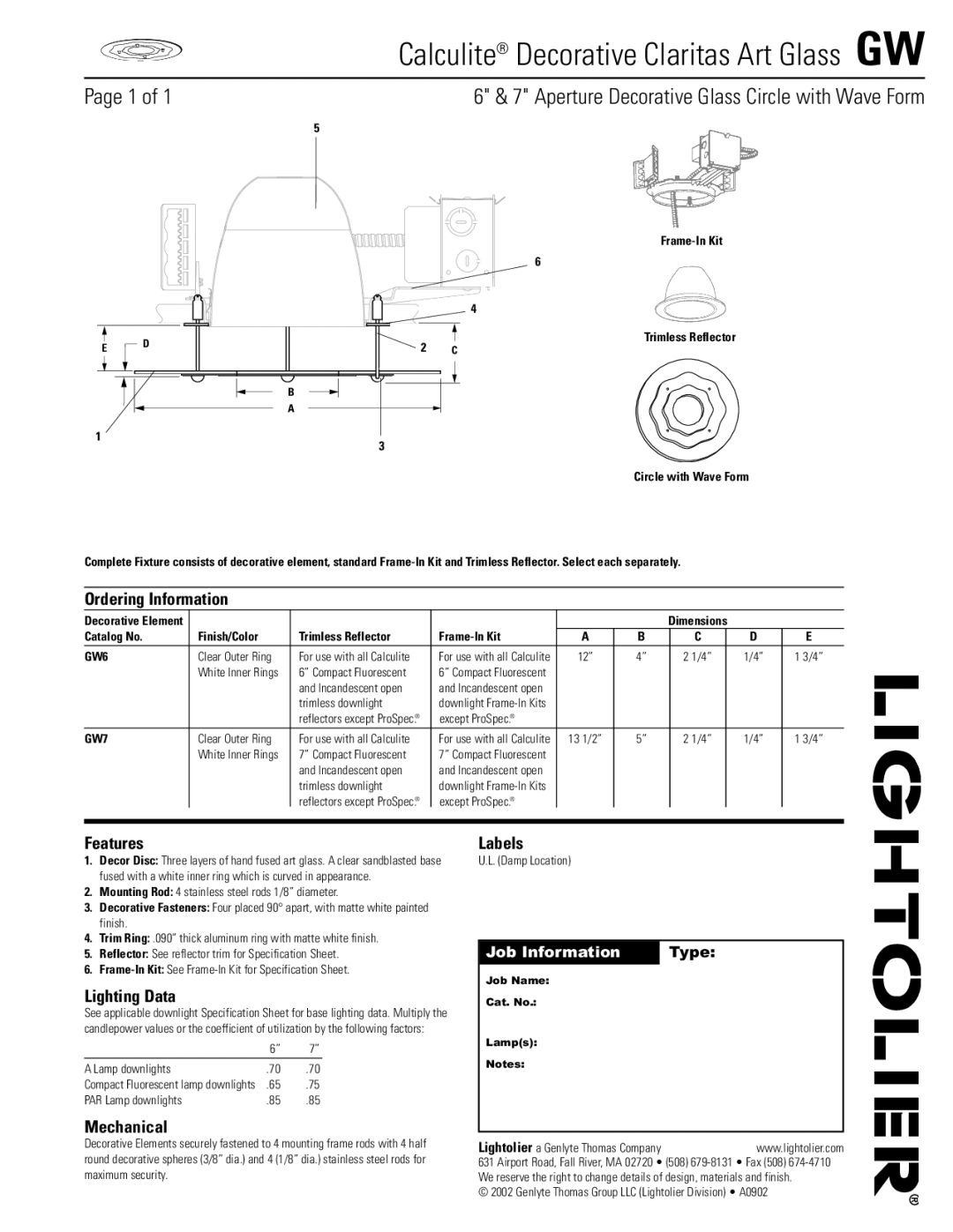 Lightolier GW dimensions Ordering Information, Features, Lighting Data, Mechanical, Labels 