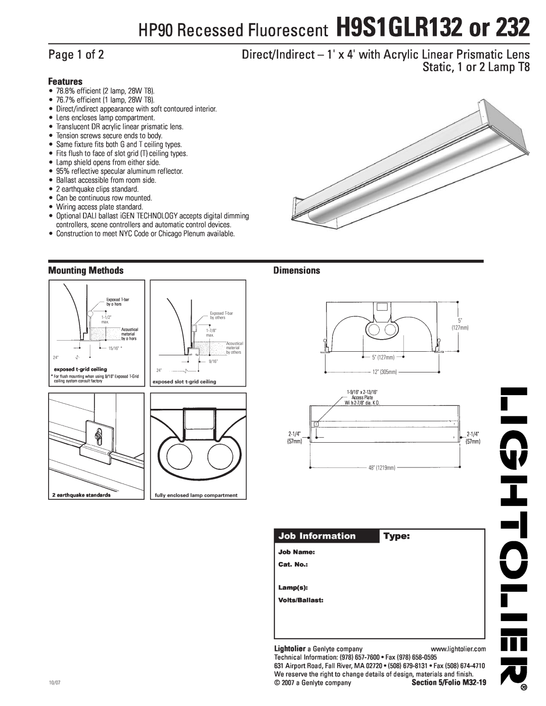 Lightolier H9S1GLR232 dimensions Page 1 of, Static, 1 or 2 Lamp T8, Features, Mounting Methods, Dimensions, Type 