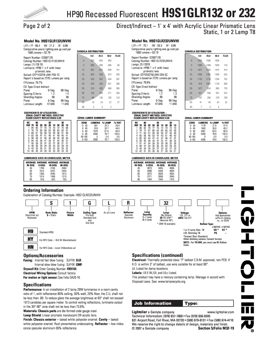 Lightolier Page 2 of, Ordering Information, Specifications continued, HP90 Recessed Fluorescent H9S1GLR132 or, Type 