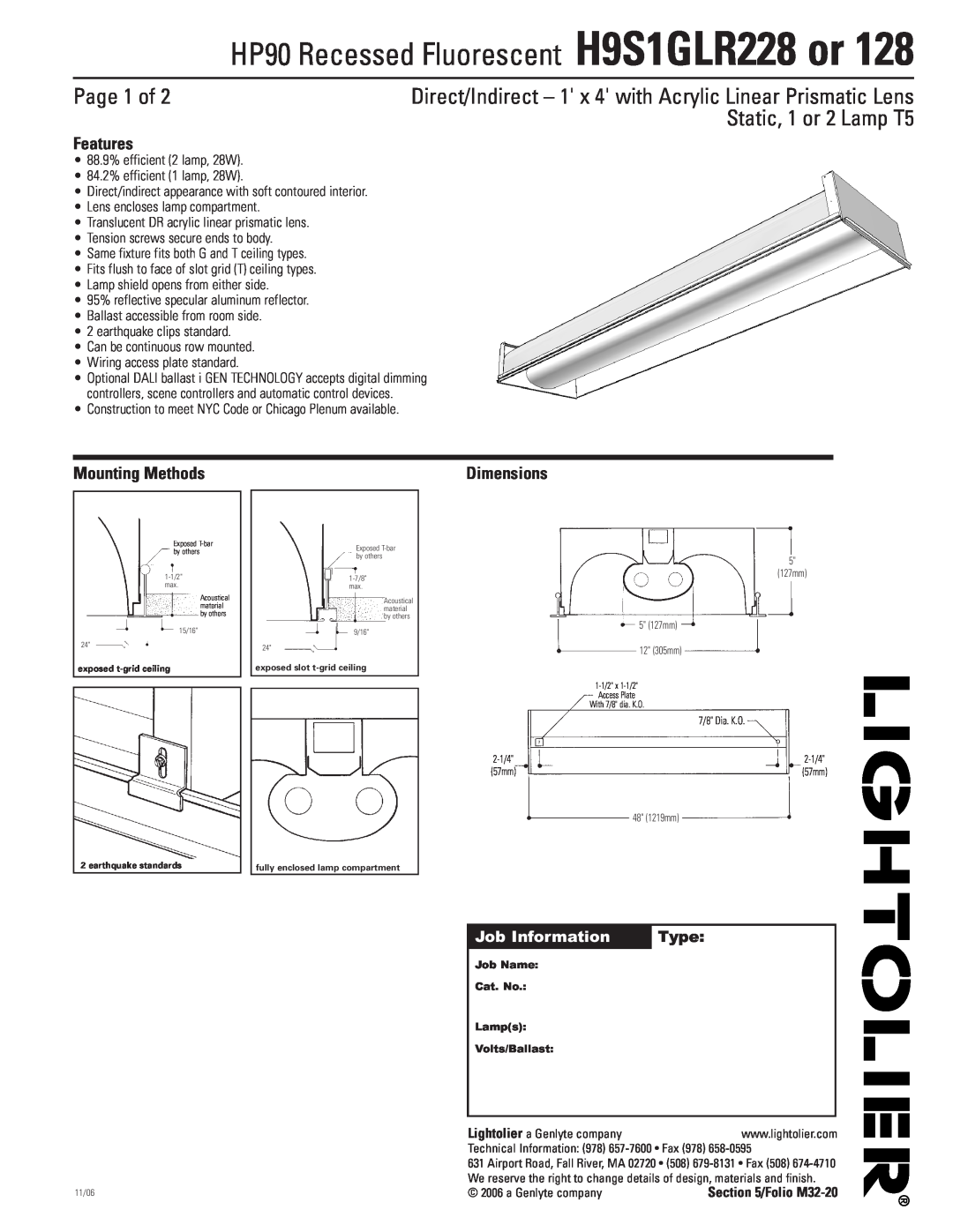 Lightolier H9S1GLR128 dimensions Page 1 of, Static, 1 or 2 Lamp T5, Features, Mounting Methods, Job Information, Type 