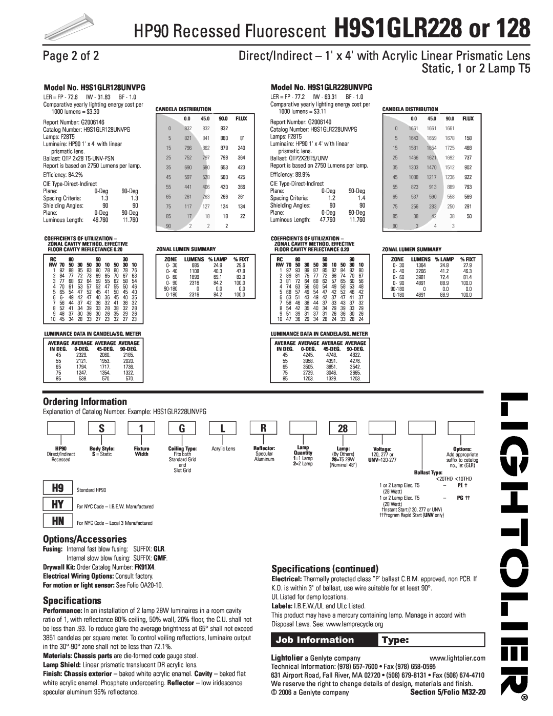 Lightolier H9S1GLR228 Page 2 of, Ordering Information, Options/Accessories, Specifications continued, Folio M32-20 