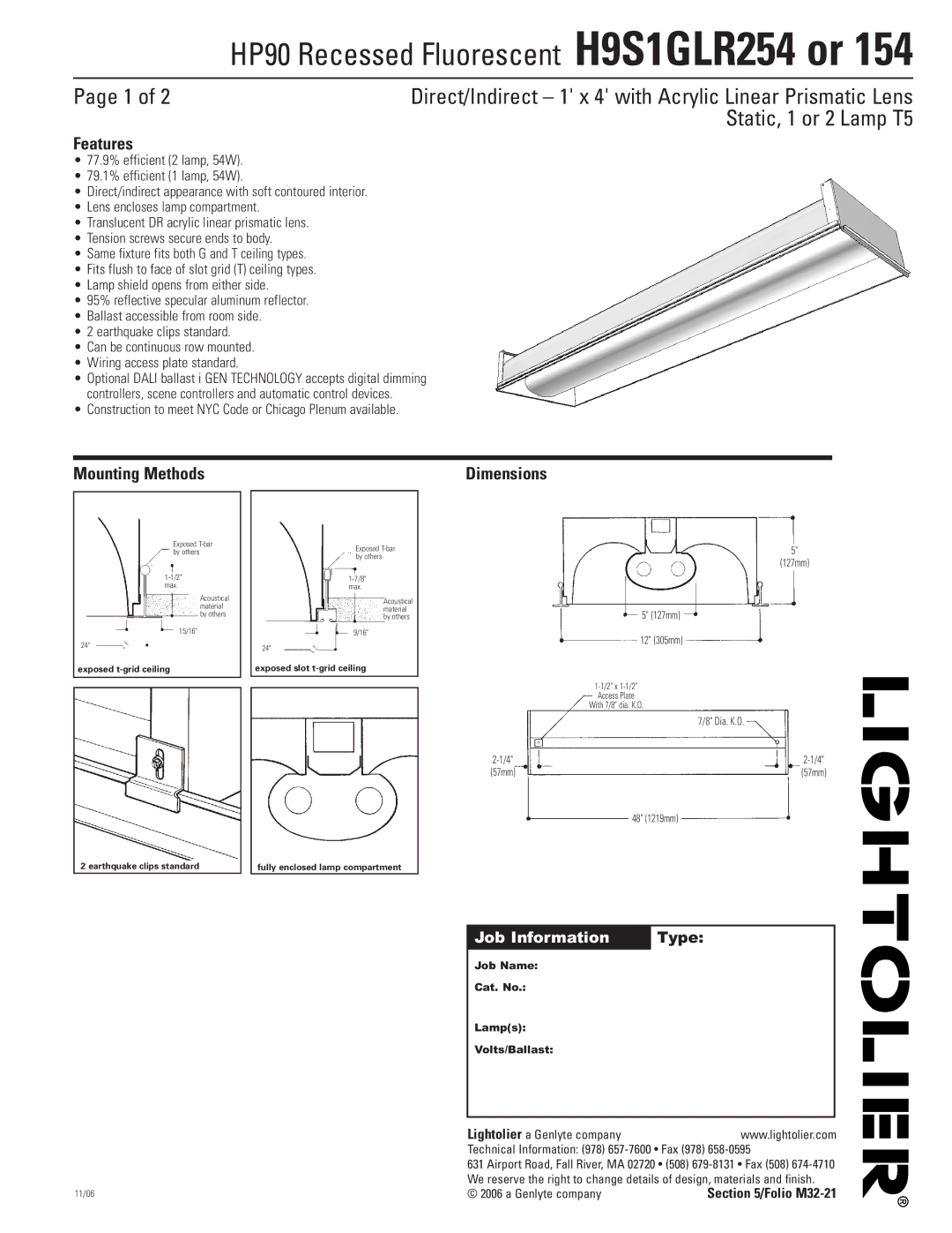 Lightolier H9S1GLR154, H9S1GLR254 dimensions Features, Mounting Methods, Job Information Type, Dia. K.O 