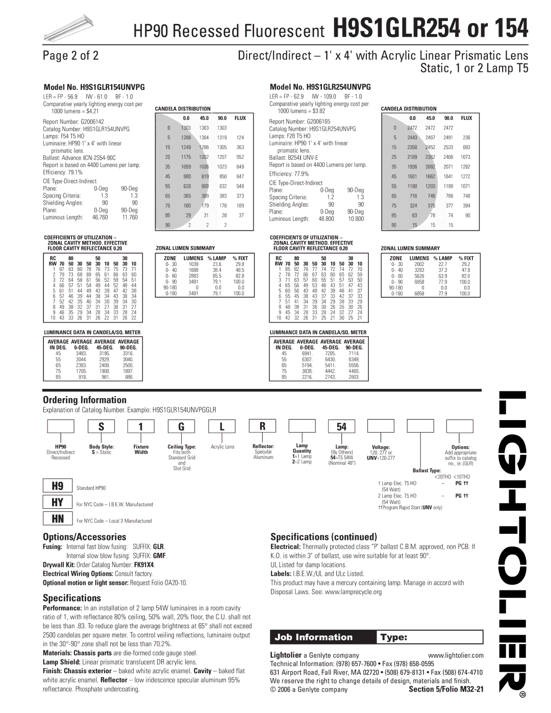 Lightolier H9S1GLR254, H9S1GLR154 dimensions Ordering Information, Options/Accessories, Specifications, Job Information 