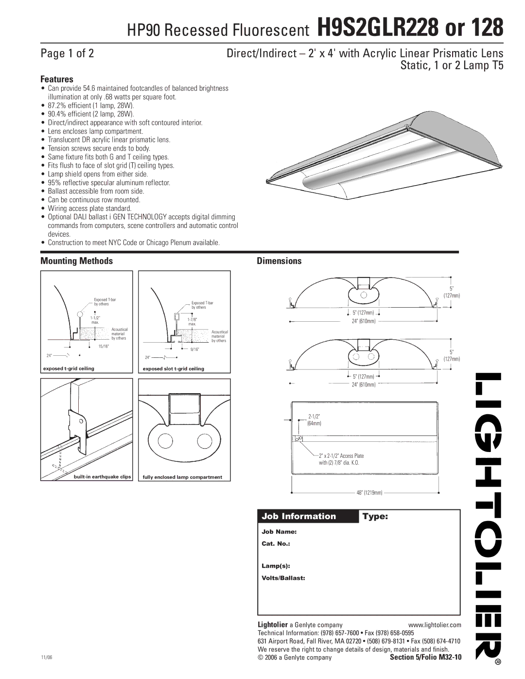 Lightolier H9S2GLR228, H9S2GLR128 dimensions Features, Mounting Methods Dimensions, 127mm 24 610mm 64mm, 48 1219mm 