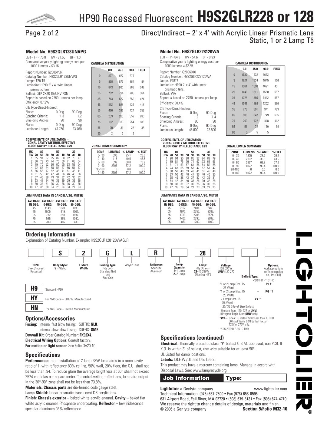 Lightolier H9S2GLR128, H9S2GLR228 dimensions Ordering Information, Options/Accessories, Specifications 