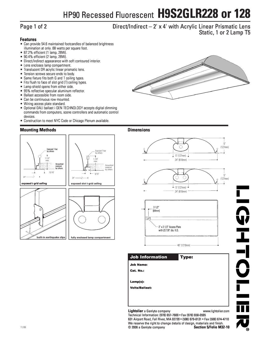 Lightolier H9S2GLR228 dimensions Page 1 of, Static, 1 or 2 Lamp T5, Features, Mounting Methods, Dimensions, Type 
