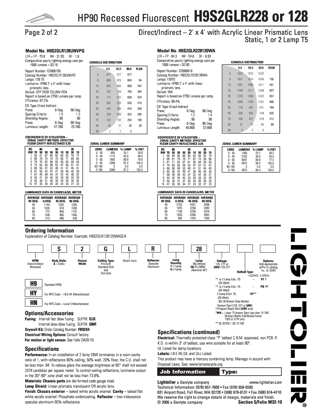 Lightolier H9S2GLR128 Page 2 of, Ordering Information, Options/Accessories, Specifications continued, Job Information 