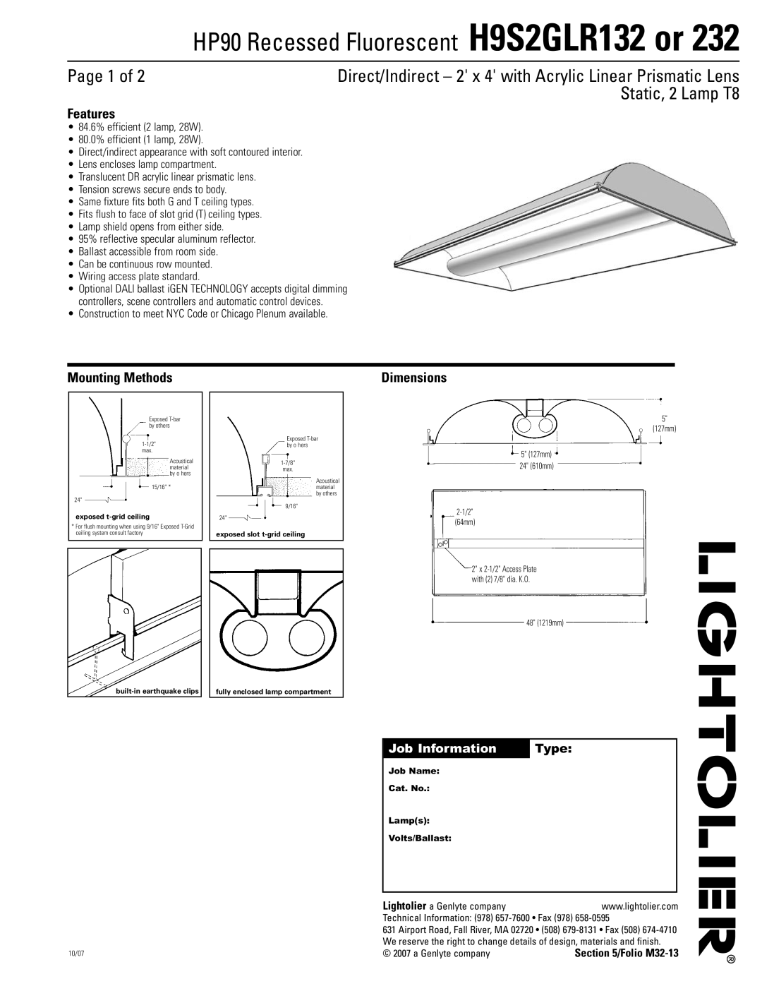 Lightolier H9S2GLR232, H9S2GLR132 dimensions Features, Mounting Methods, Dimensions 