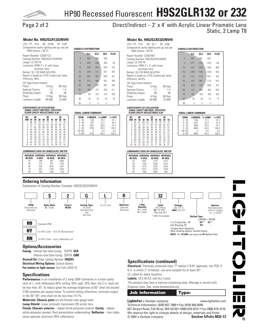 Lightolier H9S2GLR132, H9S2GLR232 dimensions Ordering Information, Options/Accessories, Specifications 