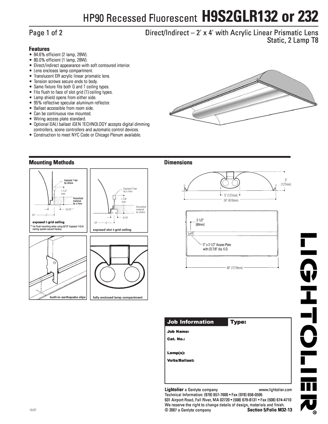 Lightolier H9S2GLR232 dimensions HP90 Recessed Fluorescent H9S2GLR132 or, Page 1 of, Static, 2 Lamp T8, Features, Type 