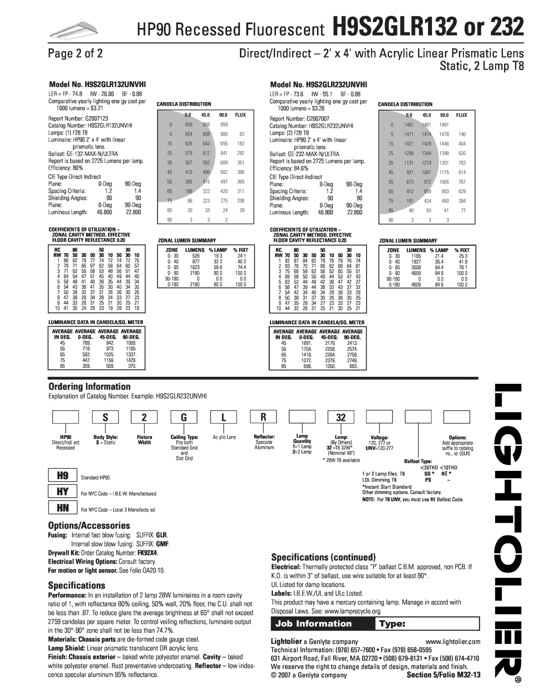 Lightolier H9S2GLR132 Page 2 of, Ordering Information, Options/Accessories, Specifications continued, Job Information 