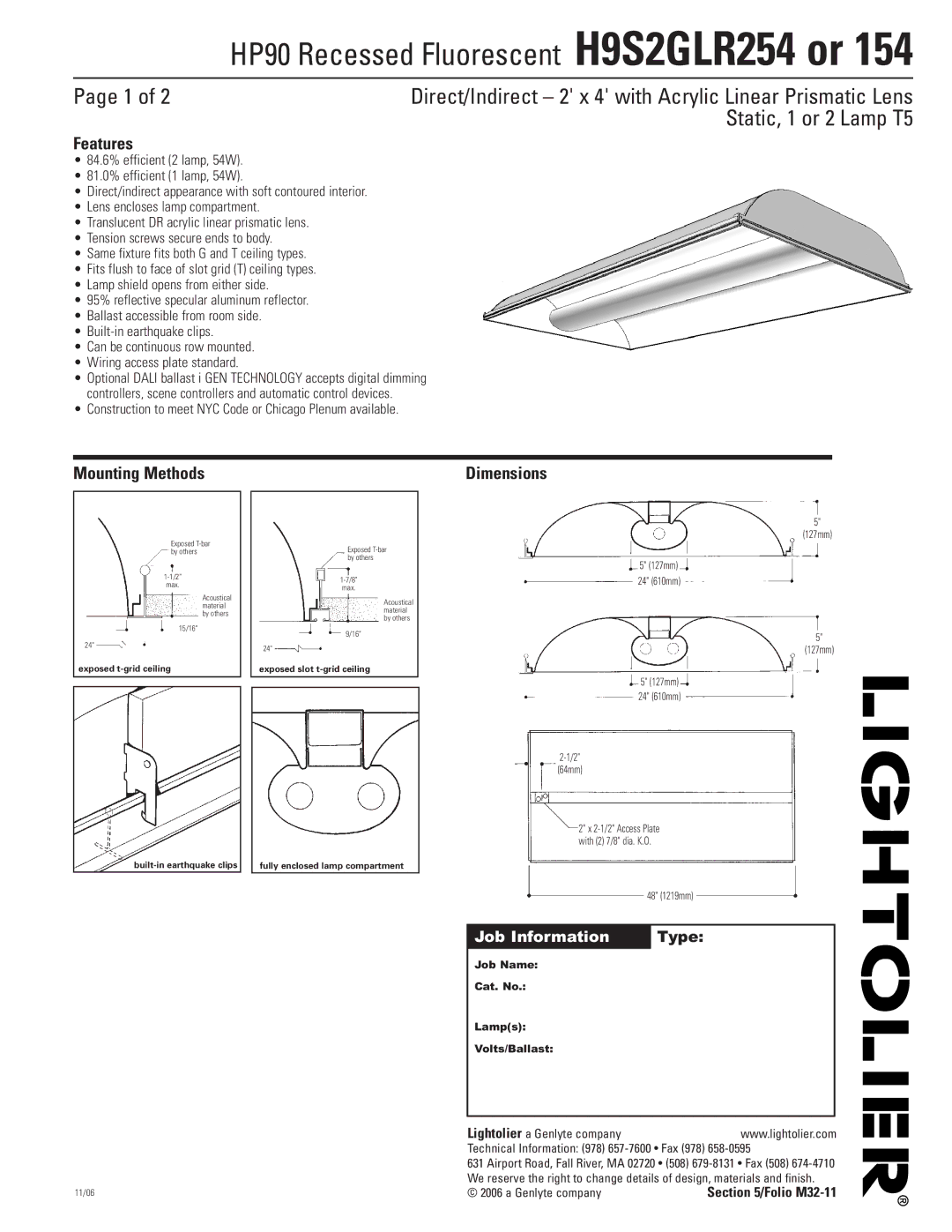 Lightolier H9S2GLR254, H9S2GLR154, HP90 dimensions Features, Mounting Methods Dimensions, Job Information Type 