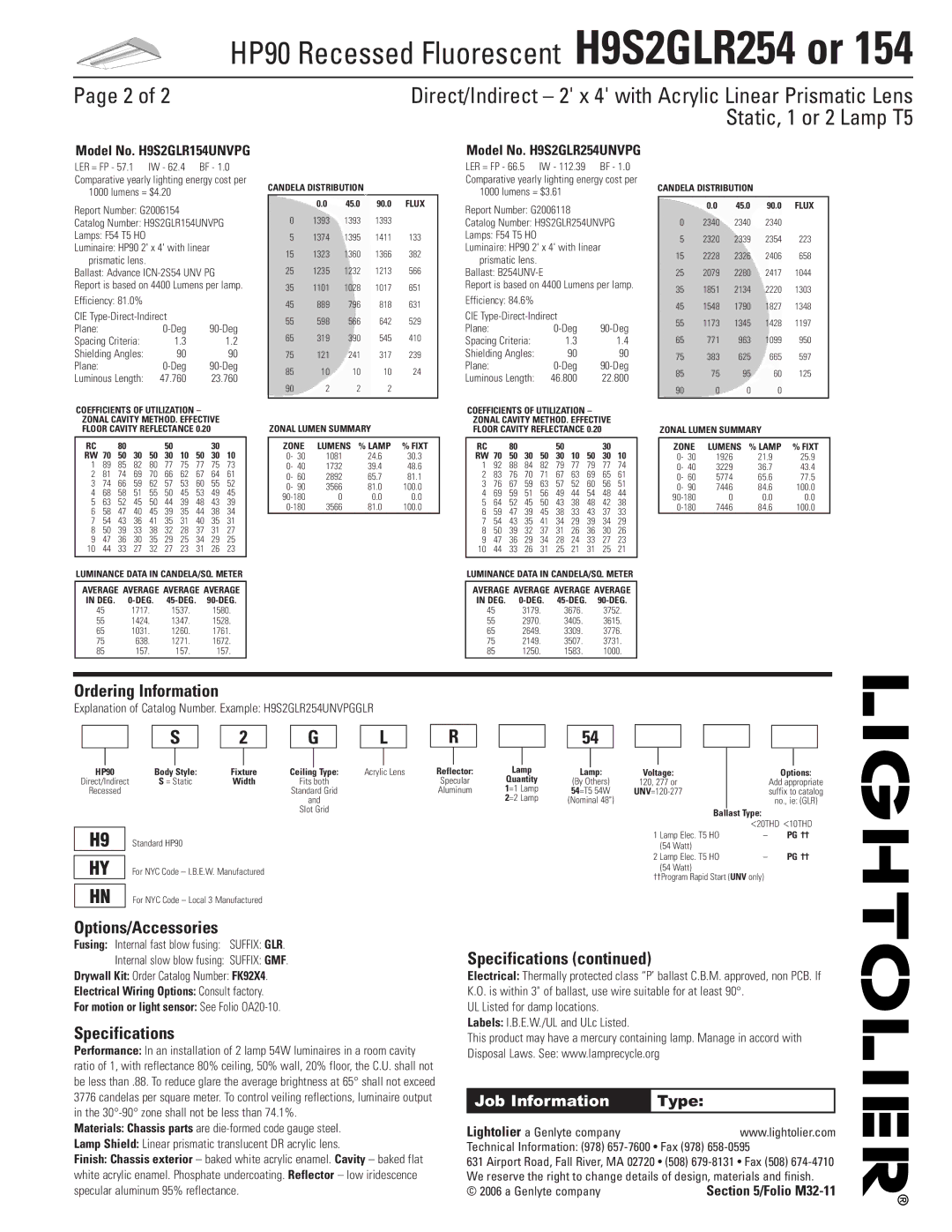 Lightolier HP90, H9S2GLR154, H9S2GLR254 dimensions Ordering Information, Options/Accessories, Specifications, Job Information 