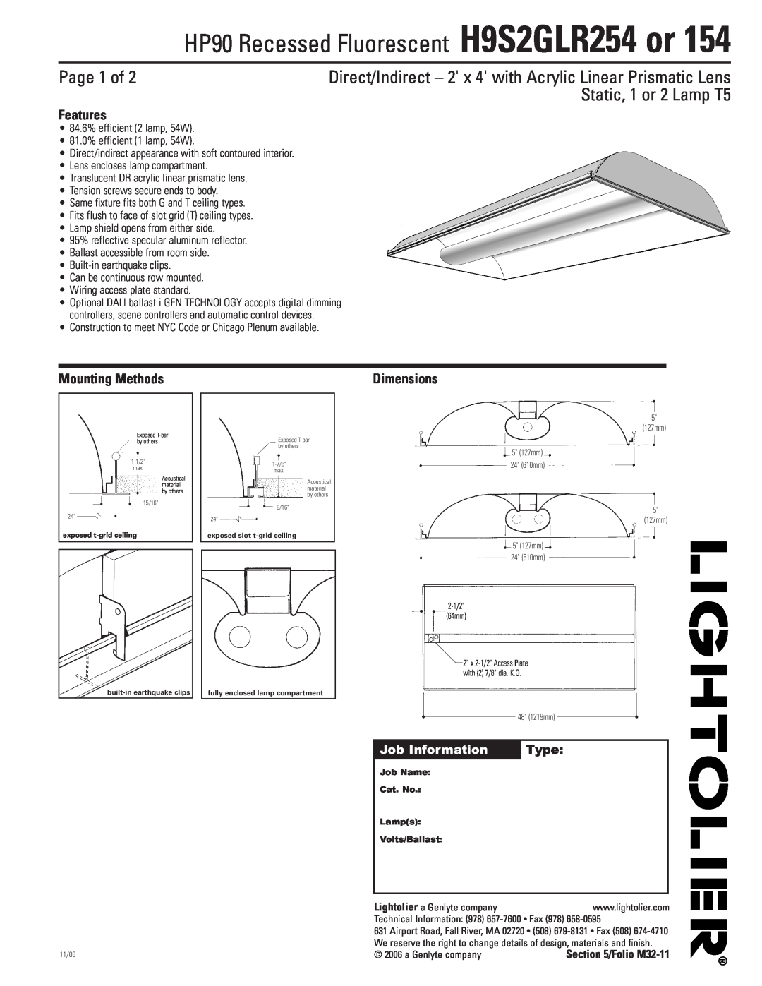 Lightolier dimensions HP90 Recessed Fluorescent H9S2GLR254 or, Page 1 of, Static, 1 or 2 Lamp T5, Features, Dimensions 