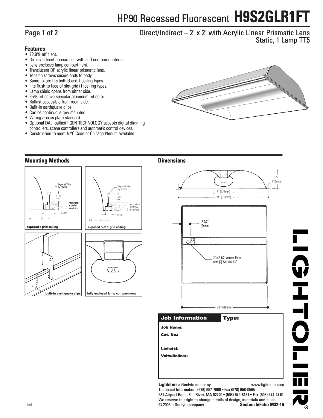 Lightolier H9S2GLR1FT dimensions Page 1 of, Static, 1 Lamp TT5, Features, Mounting Methods, Dimensions, Job Information 