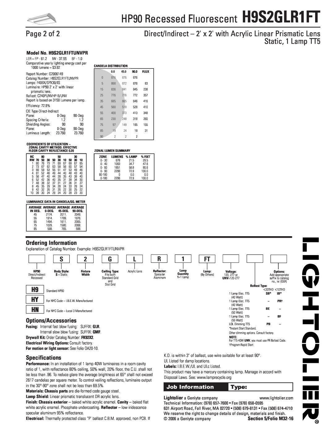 Lightolier dimensions Page 2 of, HP90 Recessed Fluorescent H9S2GLR1FT, Static, 1 Lamp TT5 