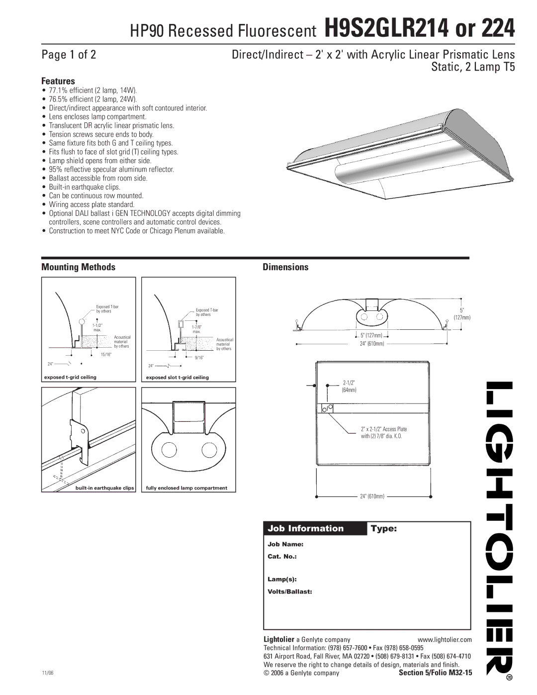 Lightolier H9S2GLR224, H9S2GLR214 dimensions Features, Mounting Methods, Job Information Type 