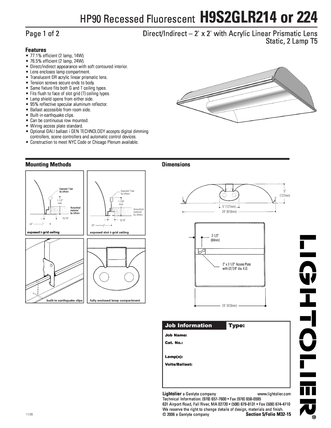 Lightolier H9S2GLR224 dimensions HP90 Recessed Fluorescent H9S2GLR214 or, Page 1 of, Static, 2 Lamp T5, Features, Type 