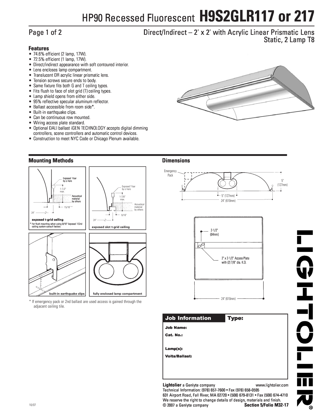 Lightolier dimensions HP90 Recessed Fluorescent H9S2GLR117 or, Page 1 of, Static, 2 Lamp T8, Features, Mounting Methods 