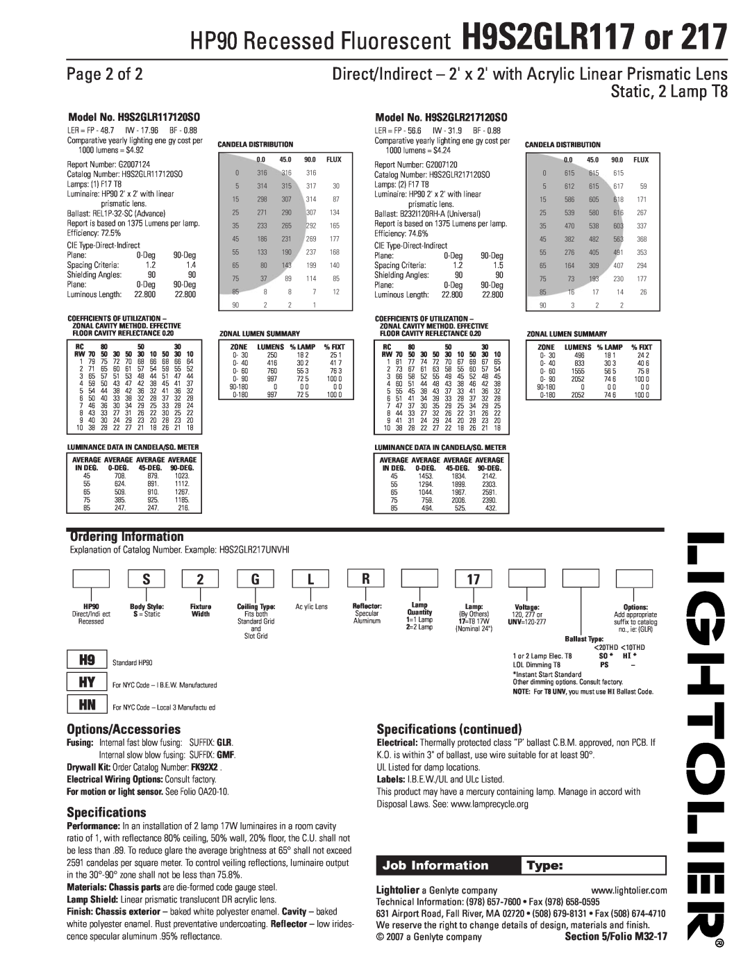Lightolier H9S2GLR217 Page 2 of, Ordering Information, Options/Accessories, Specifications continued, Job Information 