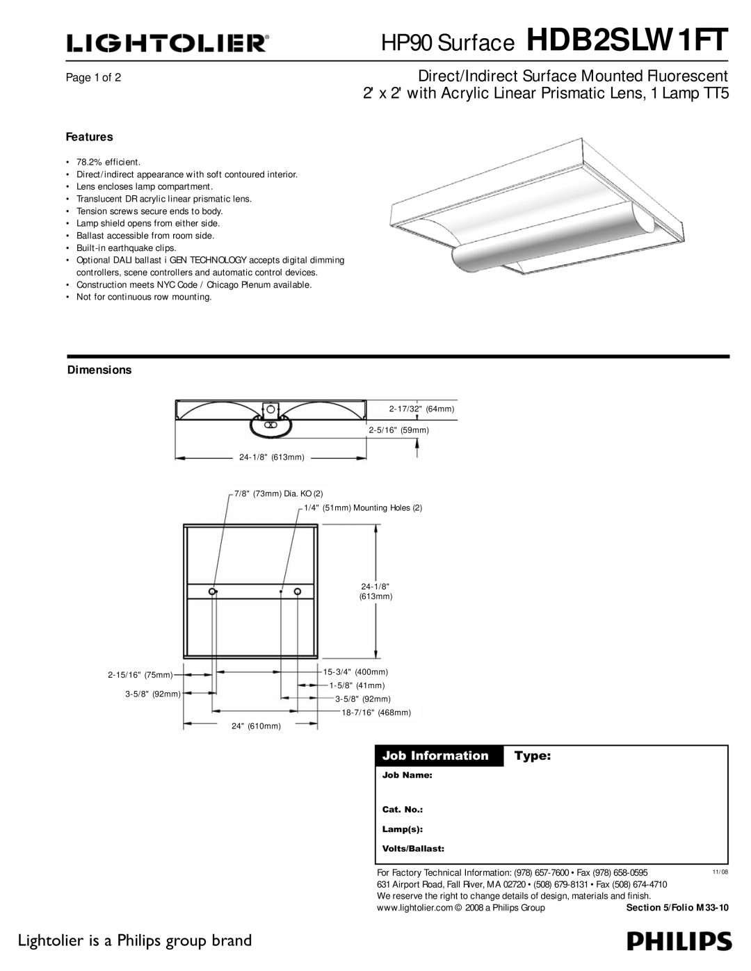 Lightolier HDB2GLR1FT dimensions Features, Dimensions, Job Information, 24 610mm 