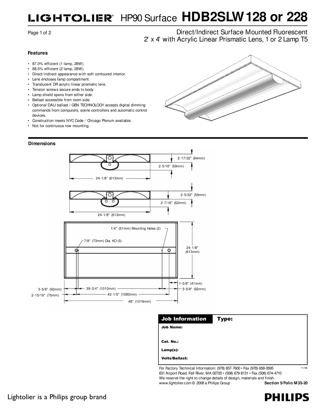 Lightolier HDB2SLW228, HDB2SLW128 dimensions Features, Dimensions, Job Information, 48 1219mm 