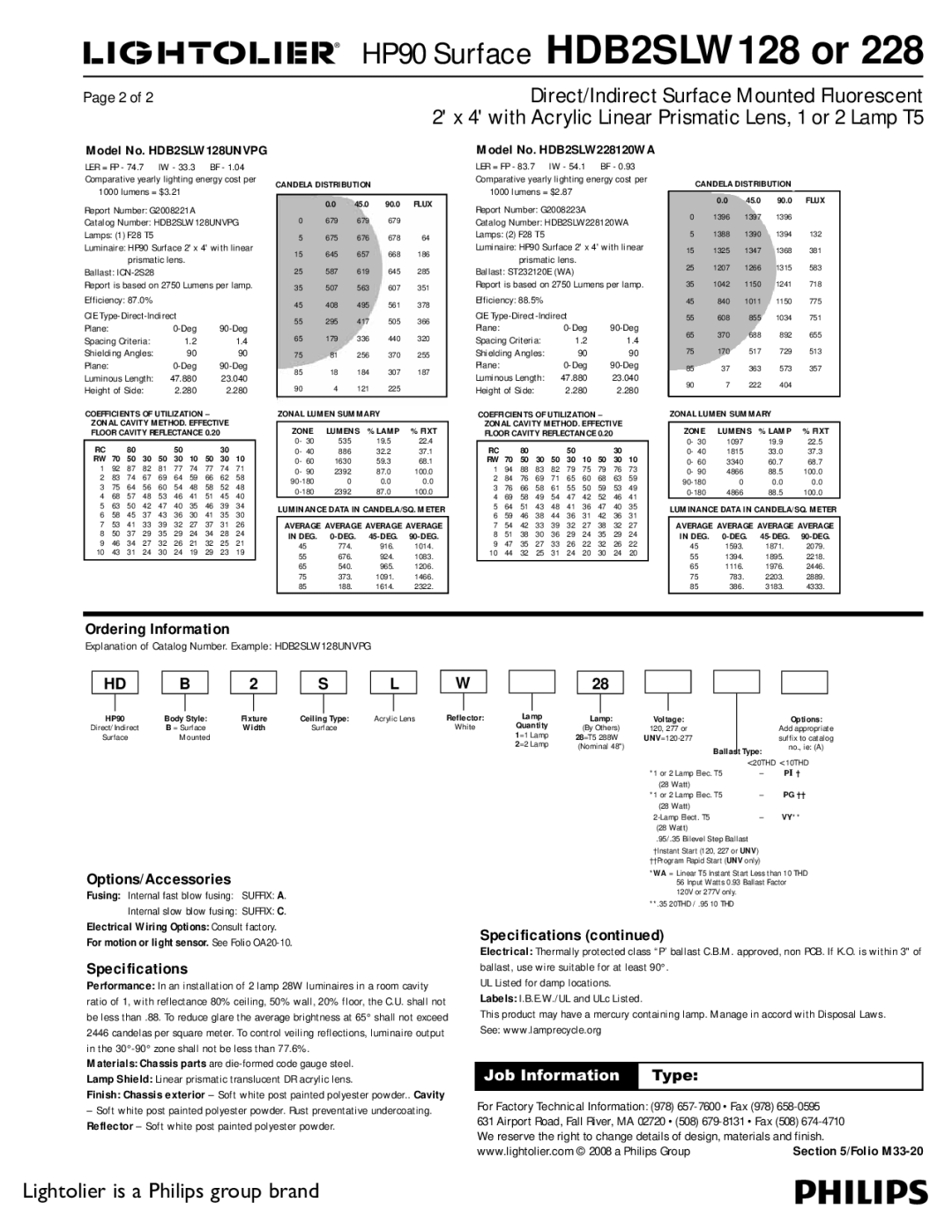 Lightolier HDB2SLW128, HDB2SLW228 dimensions Ordering Information, Options/Accessories, Specifications, Job Information Type 