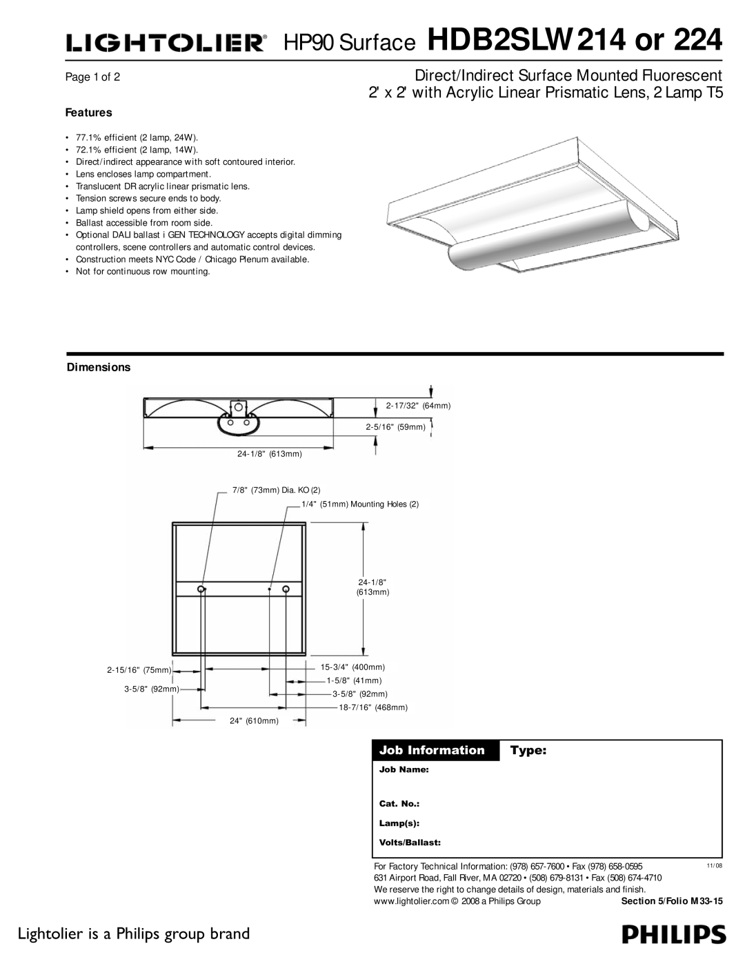 Lightolier HDB2SLW224, HDB2SLW214 dimensions Features, Dimensions, Job Information, 24 610mm 