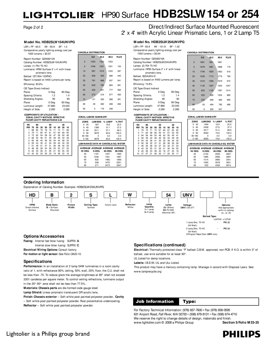 Lightolier HDB2SLW254, HDB2SLW154 dimensions Ordering Information, Options/Accessories, Specifications, Job Information Type 