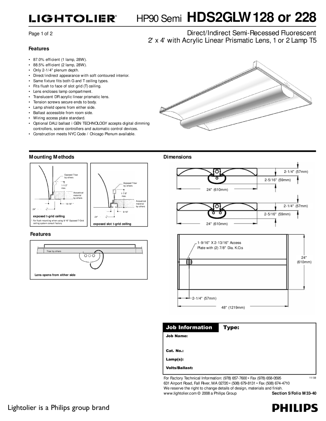 Lightolier HDS2GLW228 dimensions Features, Mounting Methods, Dimensions, 4 57mm 16 59mm 24 610mm, 610mm 4 57mm 48 1219mm 