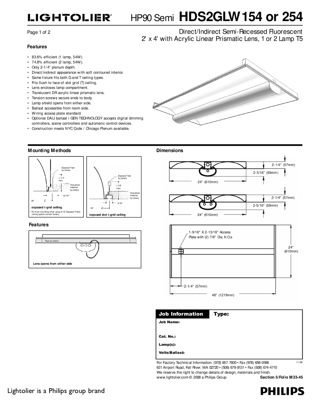 Lightolier HDS2GLW254 dimensions Features, Mounting Methods, Dimensions, 4 57mm 16 59mm 24 610mm, 610mm 4 57mm 48 1219mm 