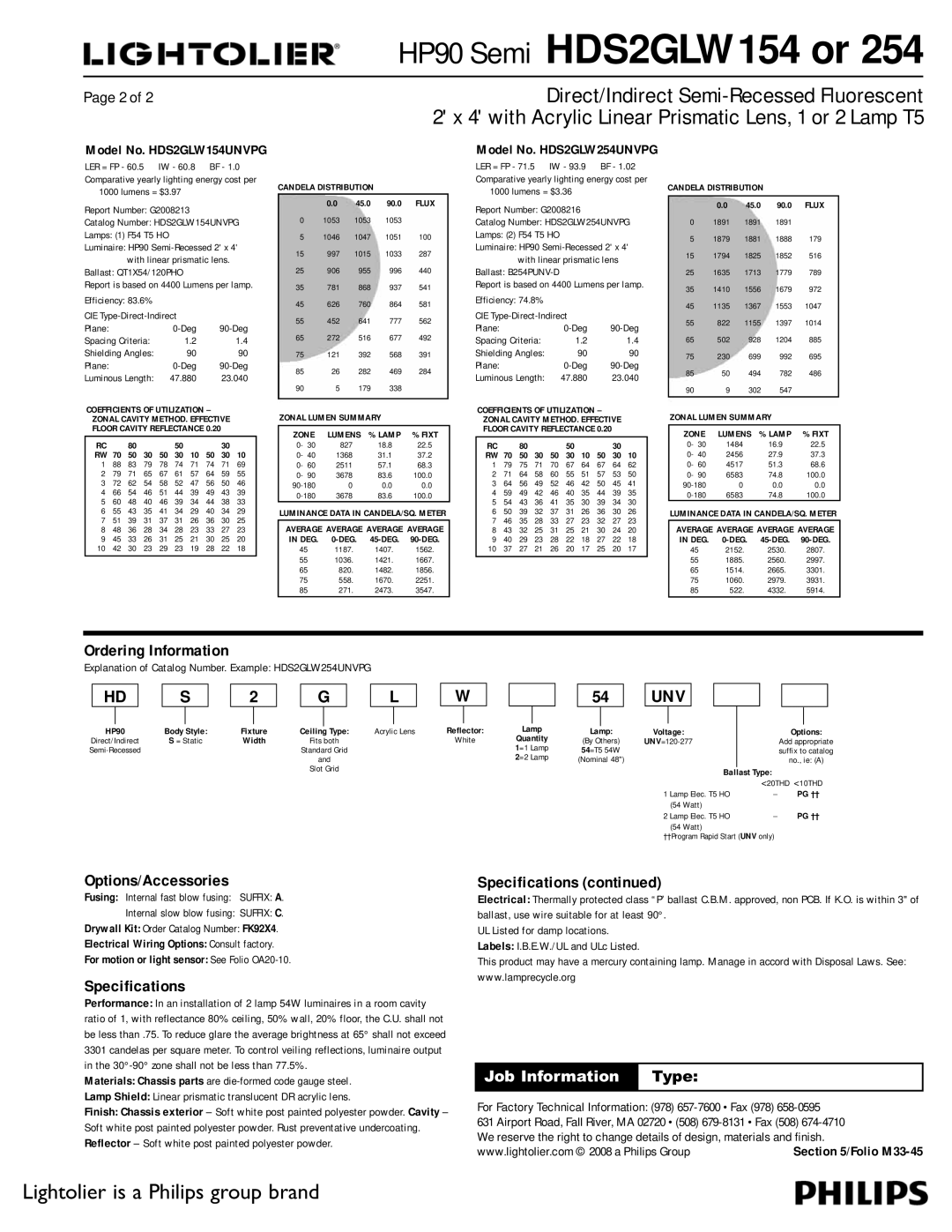 Lightolier HDS2GLW254 dimensions Ordering Information, Options/Accessories, Specifications, Model No. HDS2GLW154UNVPG 