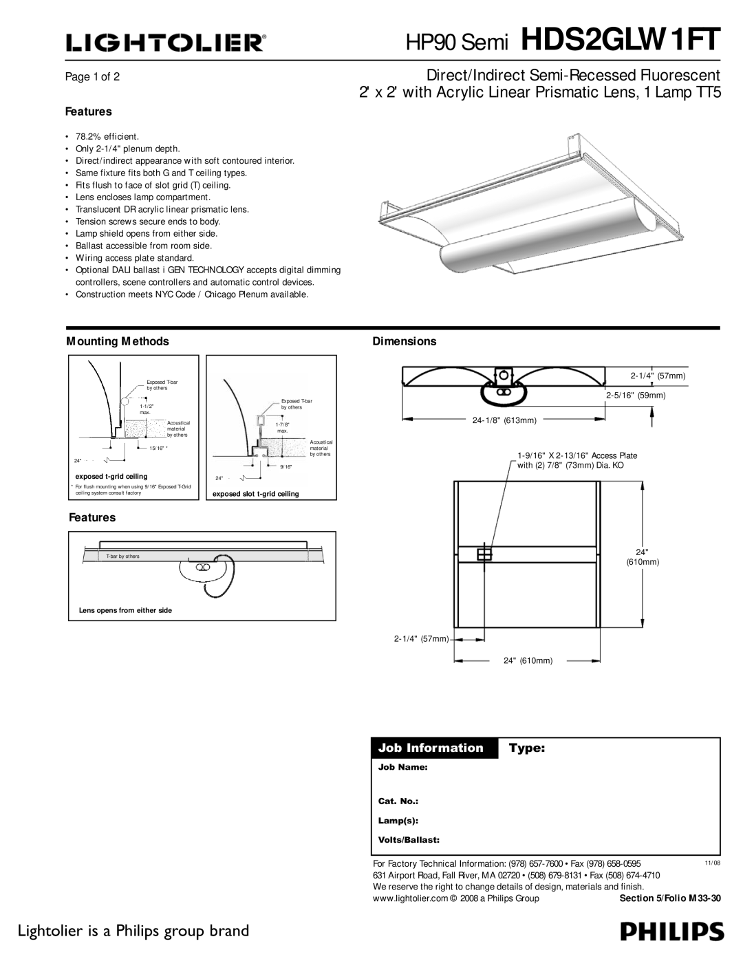 Lightolier HDS2GLW1FT dimensions Features, Mounting Methods, Dimensions 