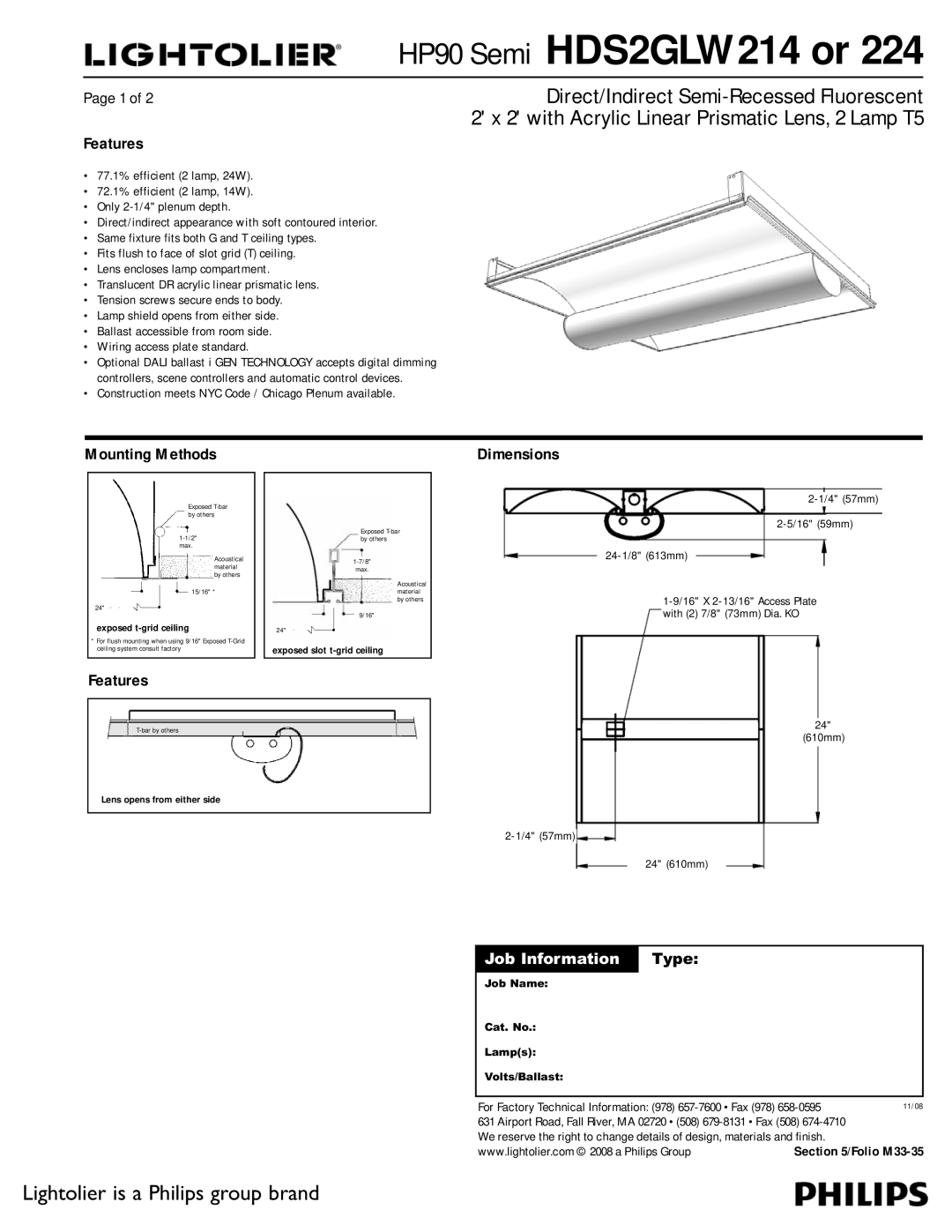 Lightolier HDS2GLW214, HDS2GLW224 dimensions Features, Mounting Methods, Dimensions 