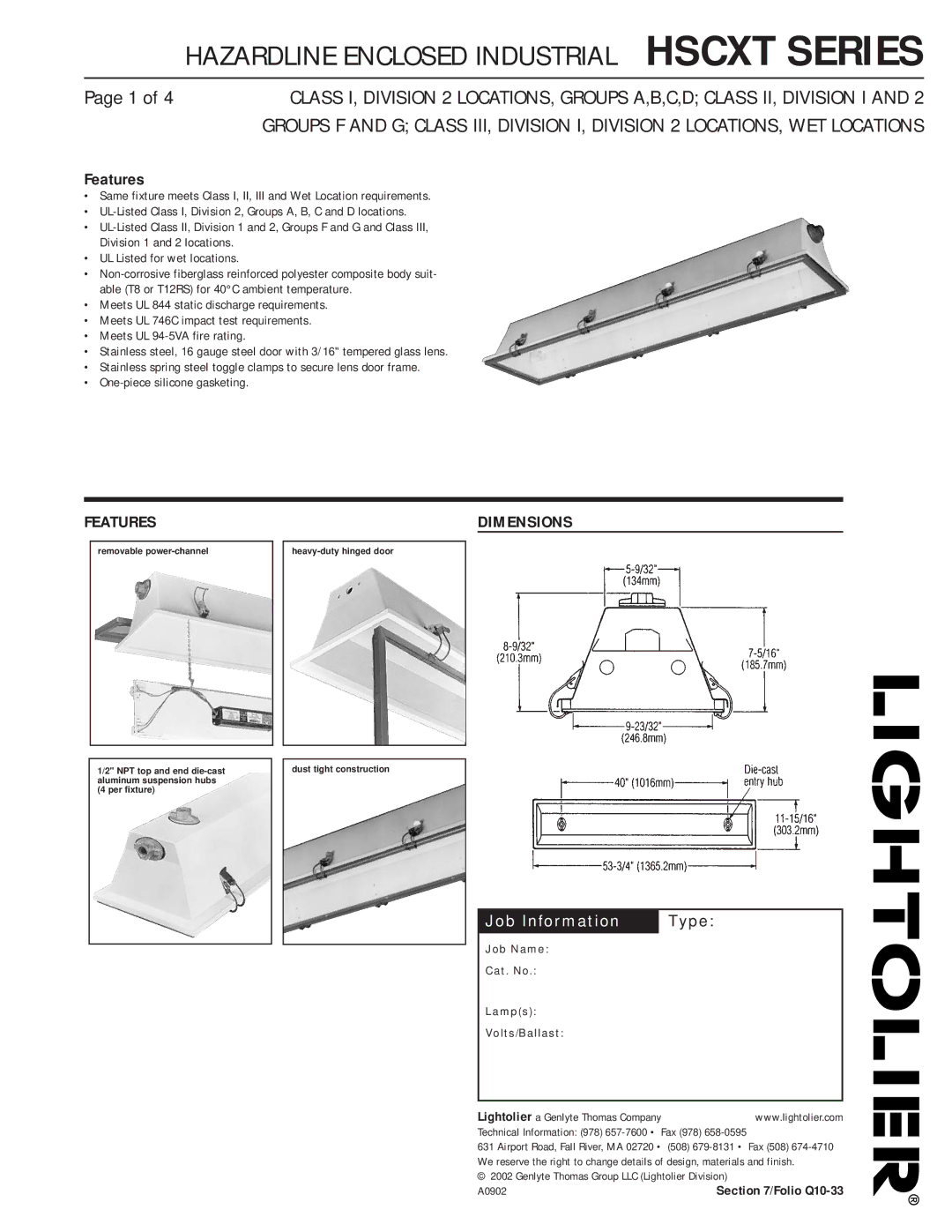 Lightolier HSCXT Series dimensions Features, Dimensions, Job Information Type 