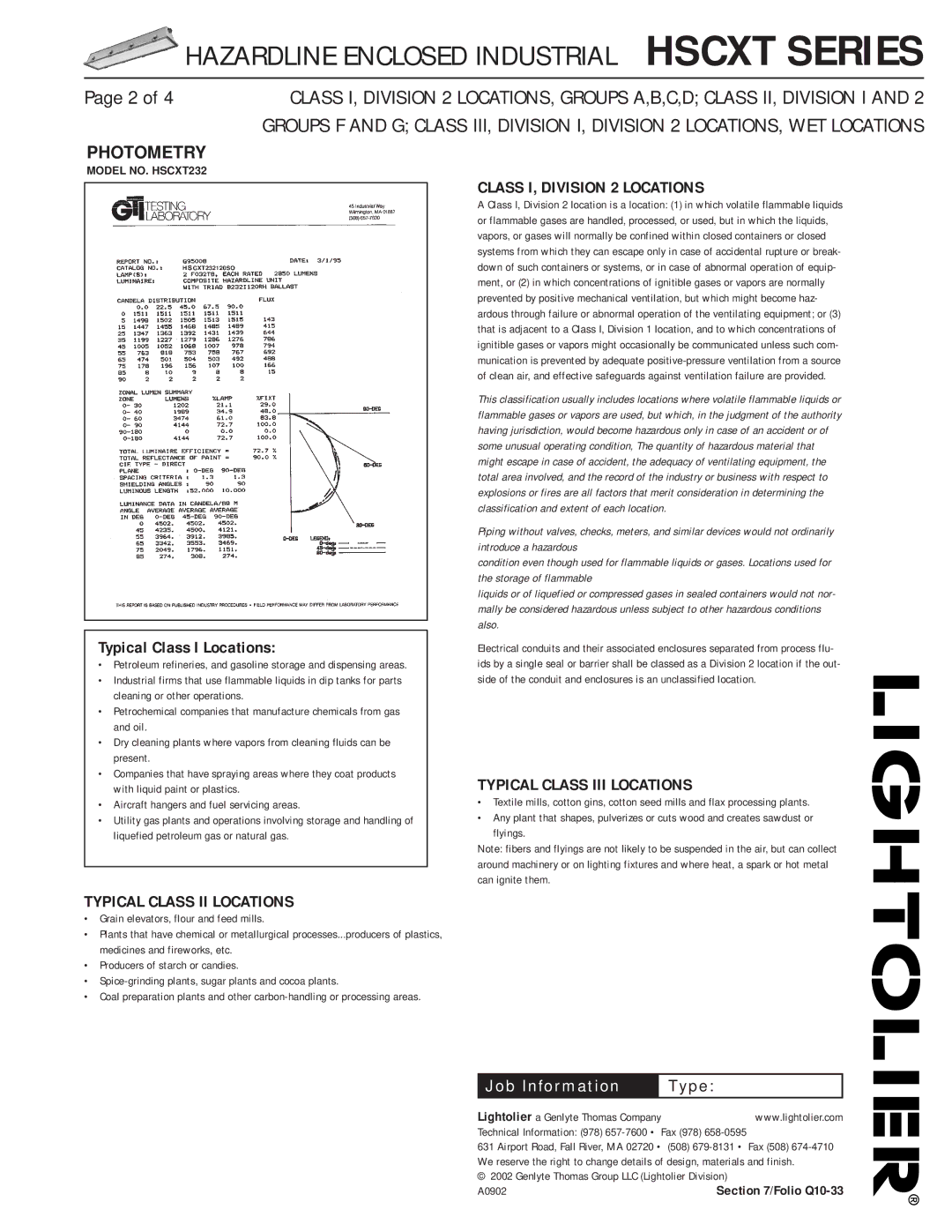 Lightolier HSCXT Series Photometry, Typical Class I Locations, Class I, Division 2 Locations, Typical Class III Locations 