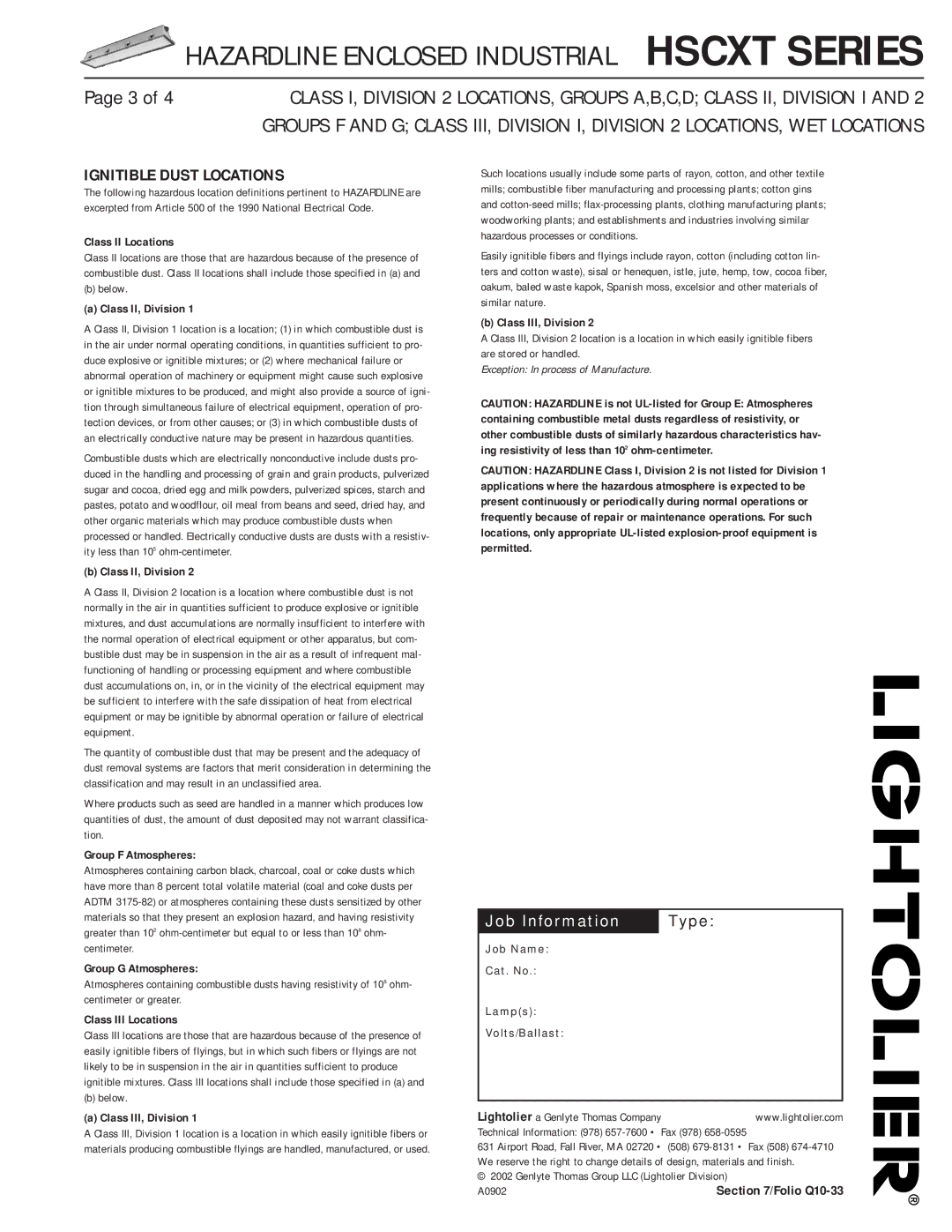 Lightolier HSCXT Series dimensions Ignitible Dust Locations, Class II Locations 